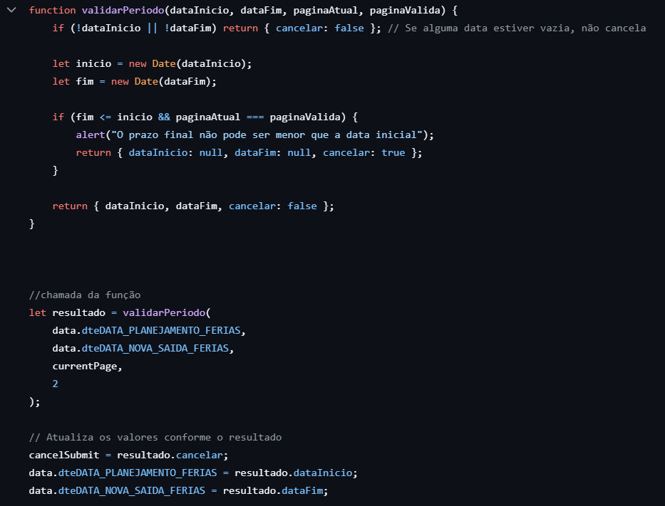 JavaScript function for Period Validation project screenshot